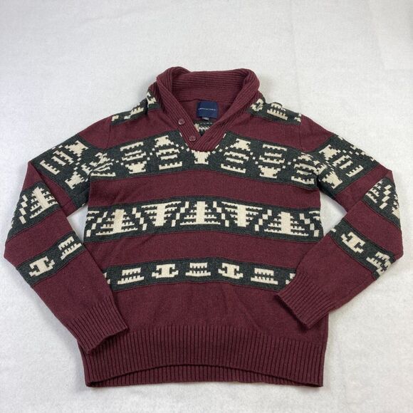 American Eagle Aztec Sweater Mens Large Red Wool Blend Long Sleeve Button Up‎ - Picture 1 of 11